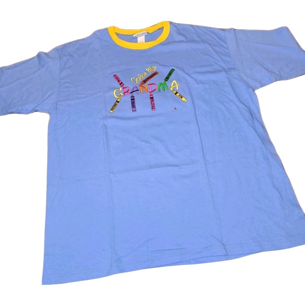 Vintage "Color Me Grandma" Embroidered Ringer T-Shirt XL Cute Grandma Gift Blue